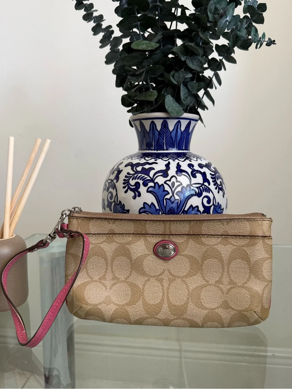 Coach Khaki Signature Canvas Wristlet with Pink Trim